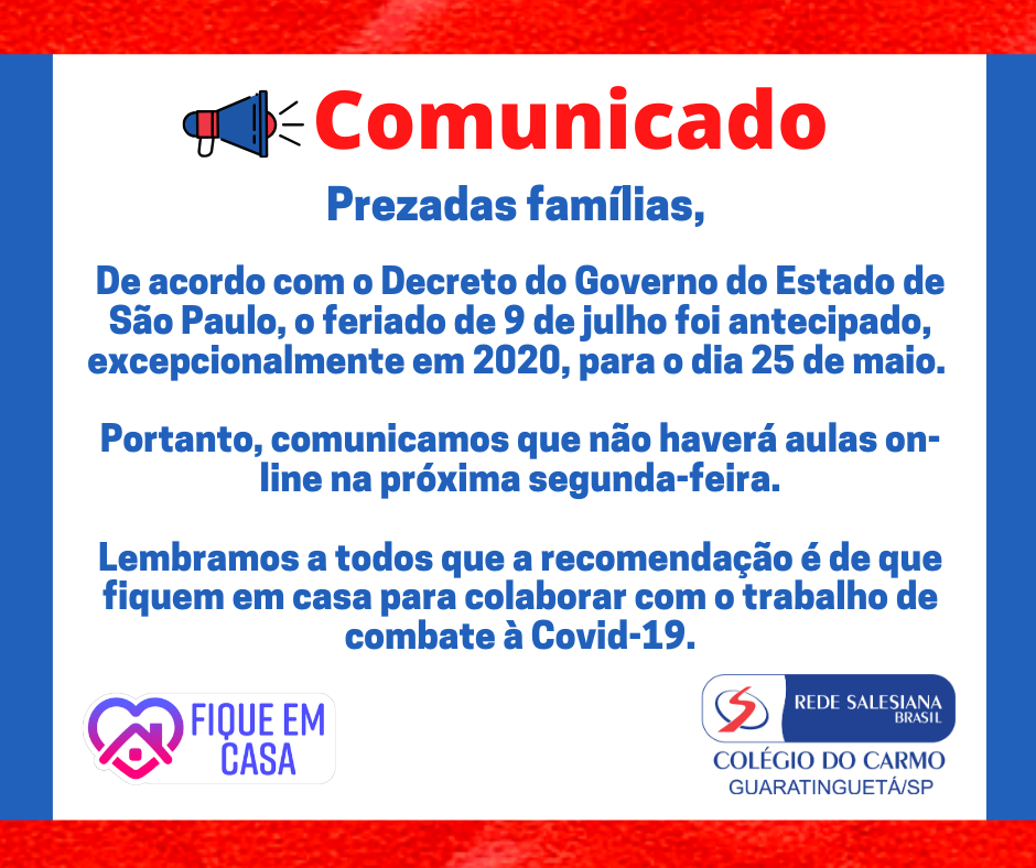 Comunicado - feriado antecipado